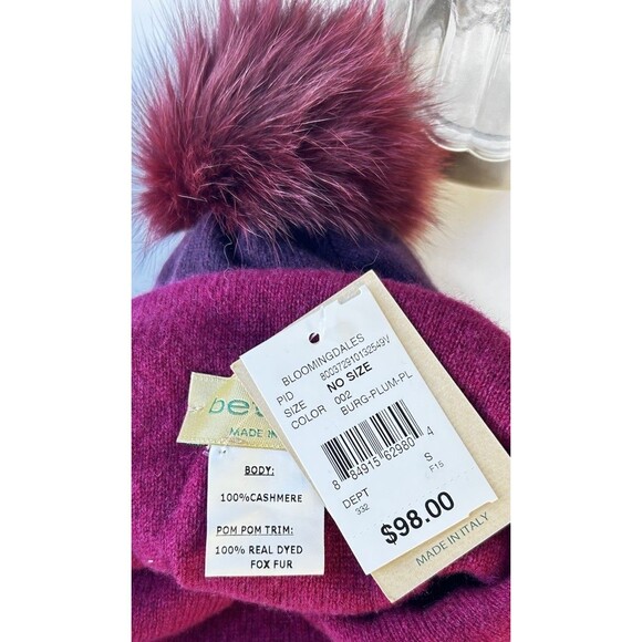 Bettina 100 Cashmere Beanie With Fox Pom Pom Purple  Plum NWT - Picture 6 of 6